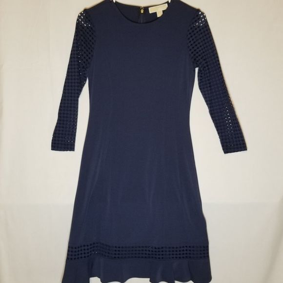 Michael Kors Navy Mesh-Sleeve Ruffle-Hem Dress - Picture 2 of 4